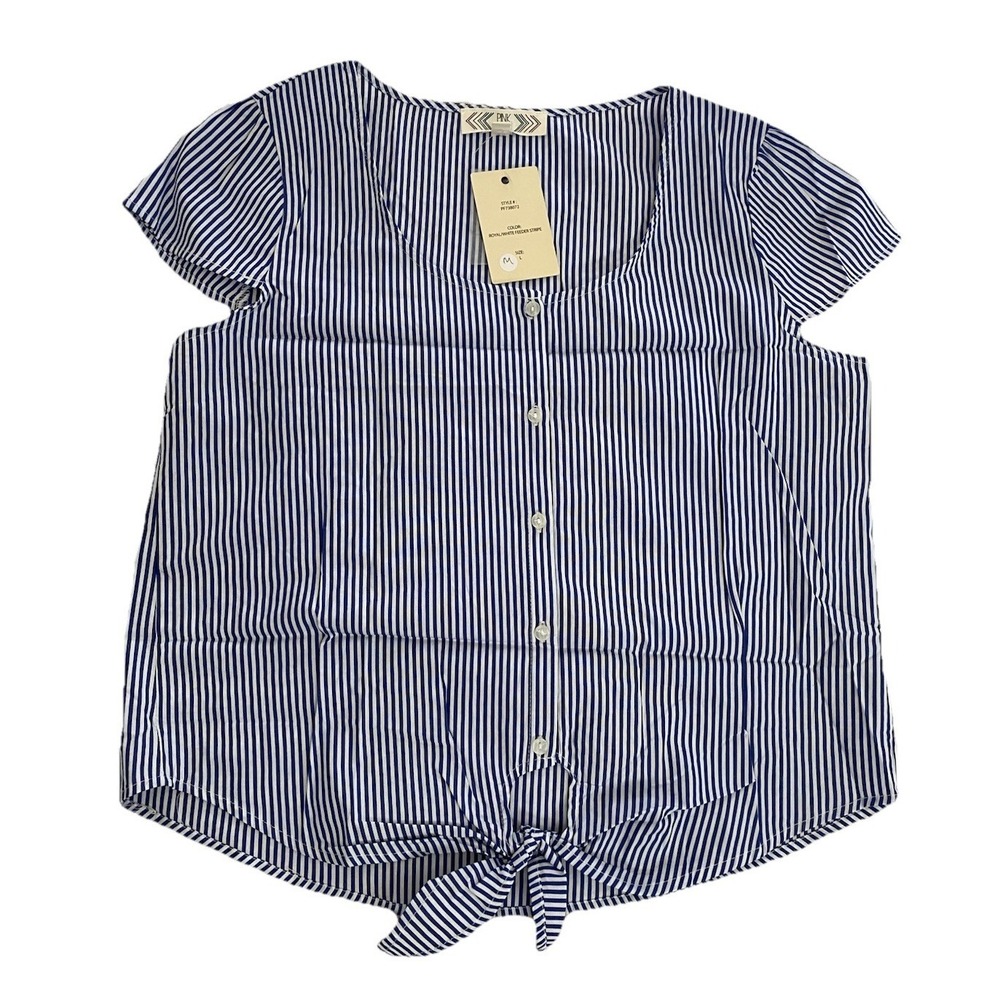 New Pink Rose Women's L Blue Striped Cotton Short Sleeve Blouse with Bow Tie